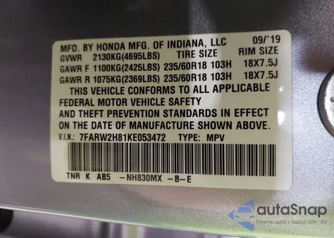 2019 Honda Cr-V Ex-L z USA, uszkodzony, nr VIN 7FARW2H81KE053472